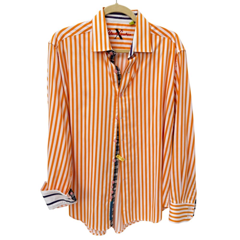 Robert Graham Flip Cuff Button Down Dress Shirt Orange Stripe Large